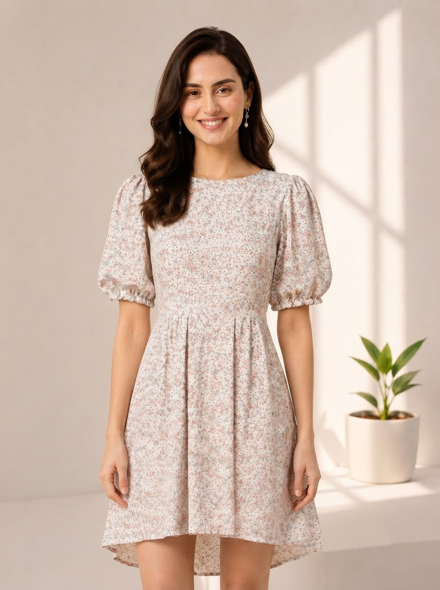 White Floral Print Cotton Dress