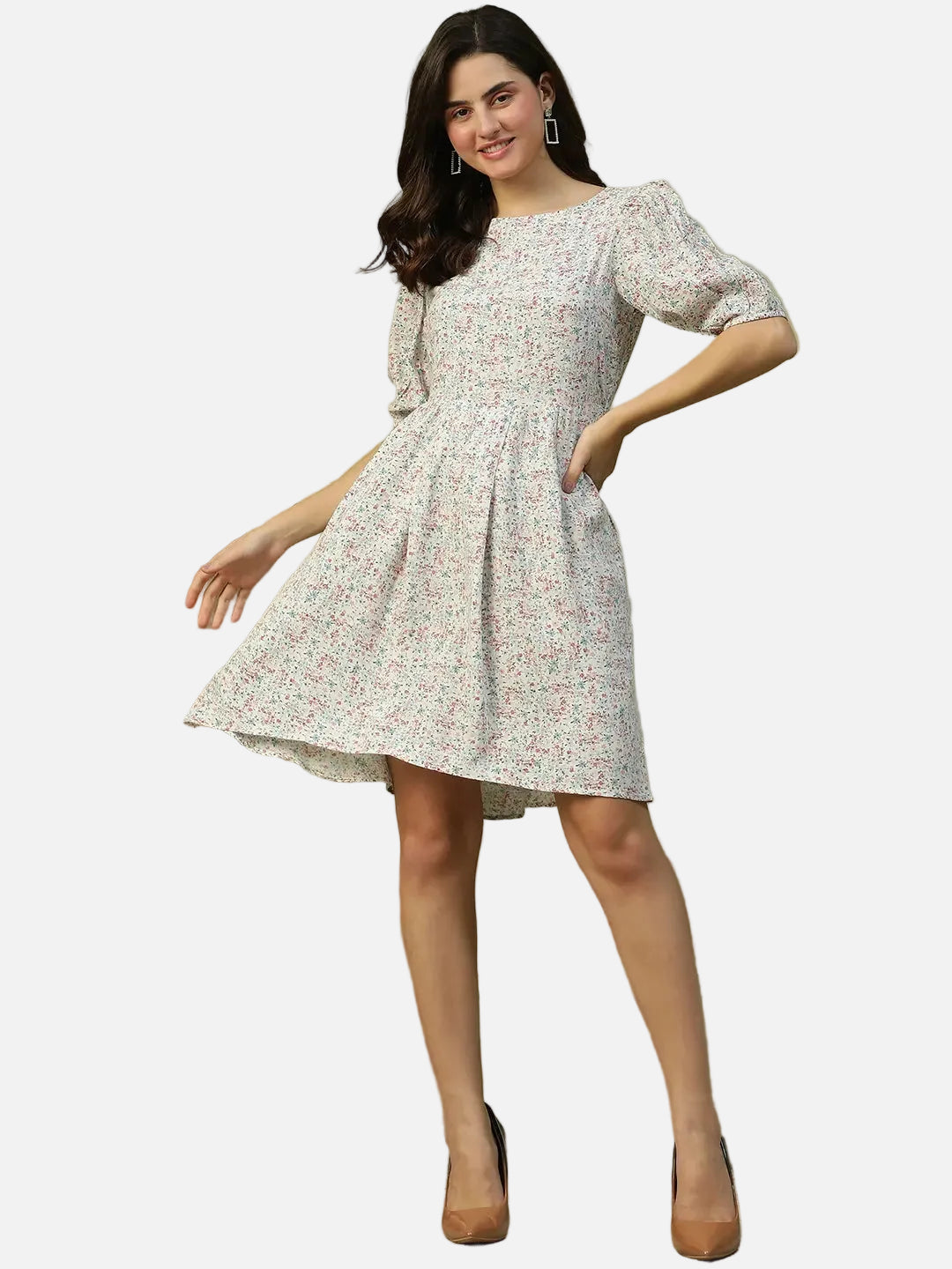 White Floral Print Cotton Dress