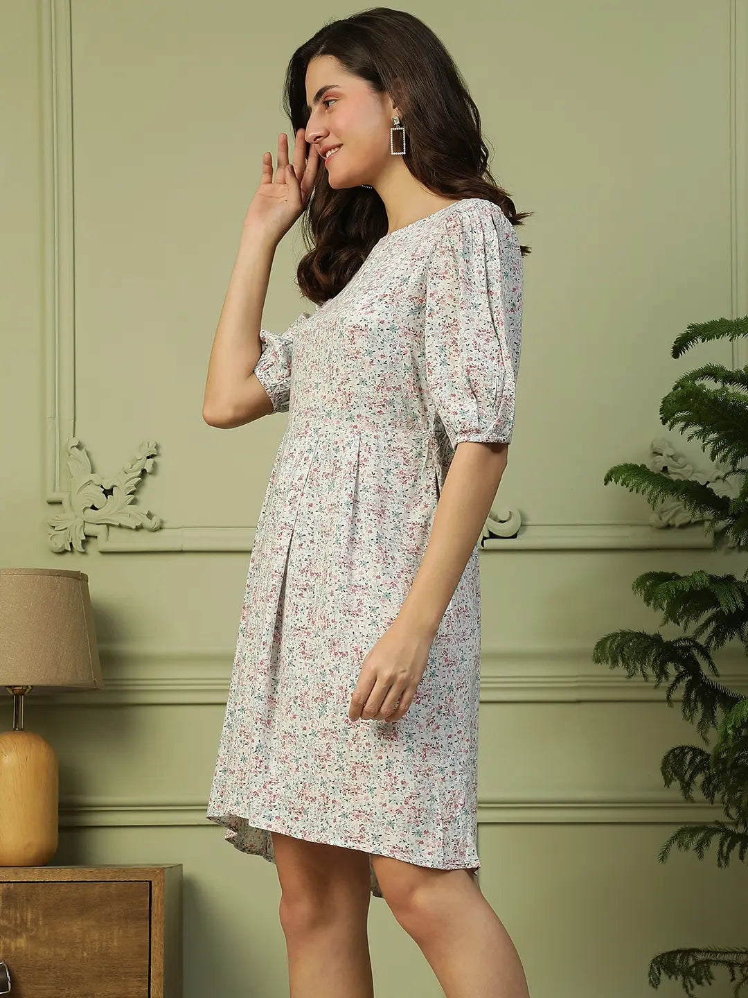 White Floral Print Cotton Dress