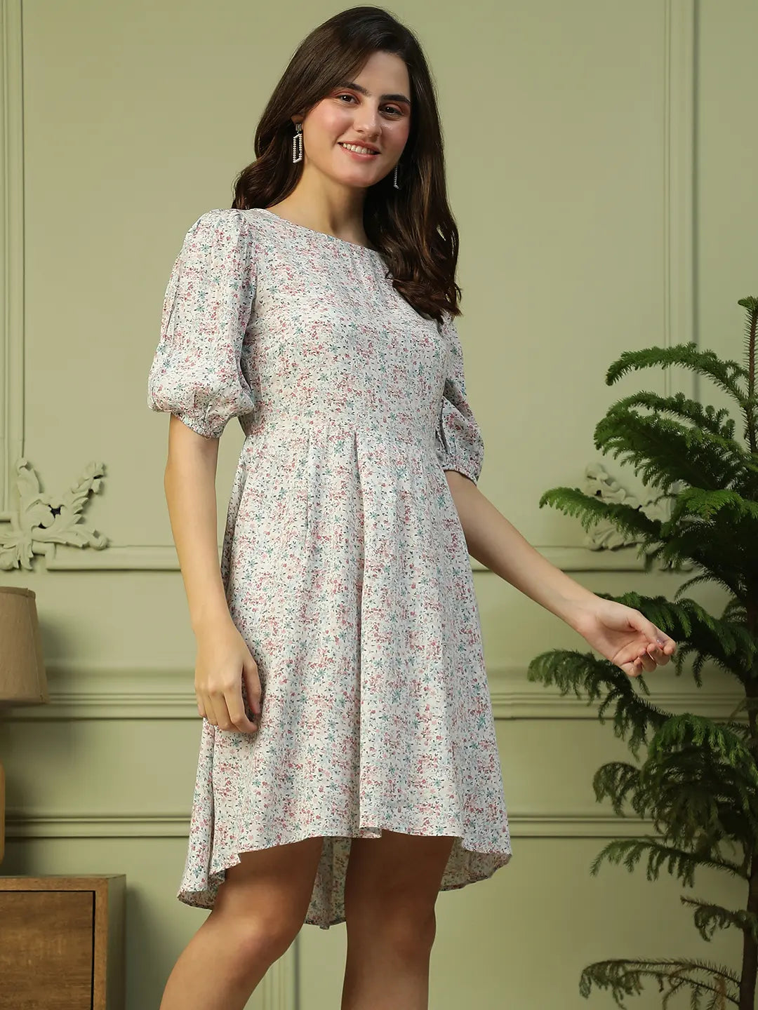 White Floral Print Cotton Dress