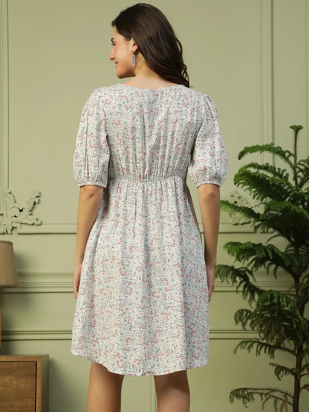 White Floral Print Cotton Dress