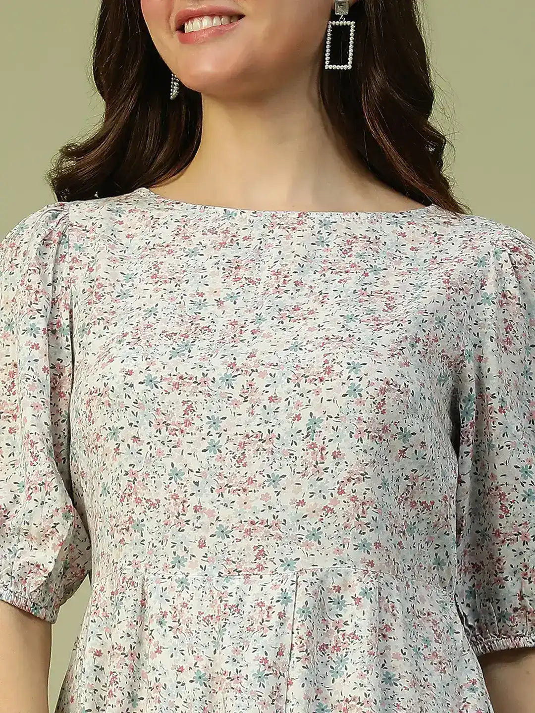 White Floral Print Cotton Dress
