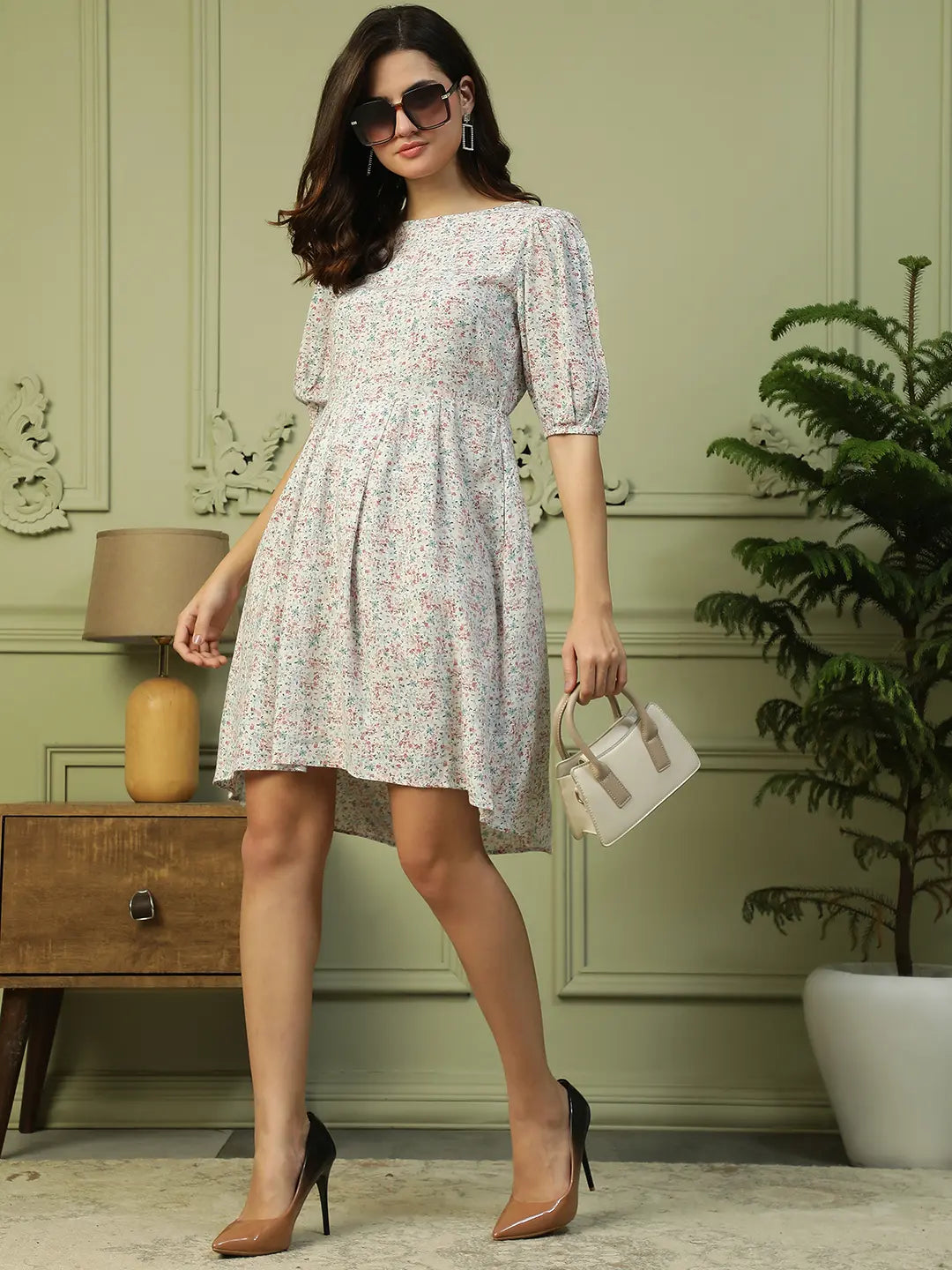 White Floral Print Cotton Dress