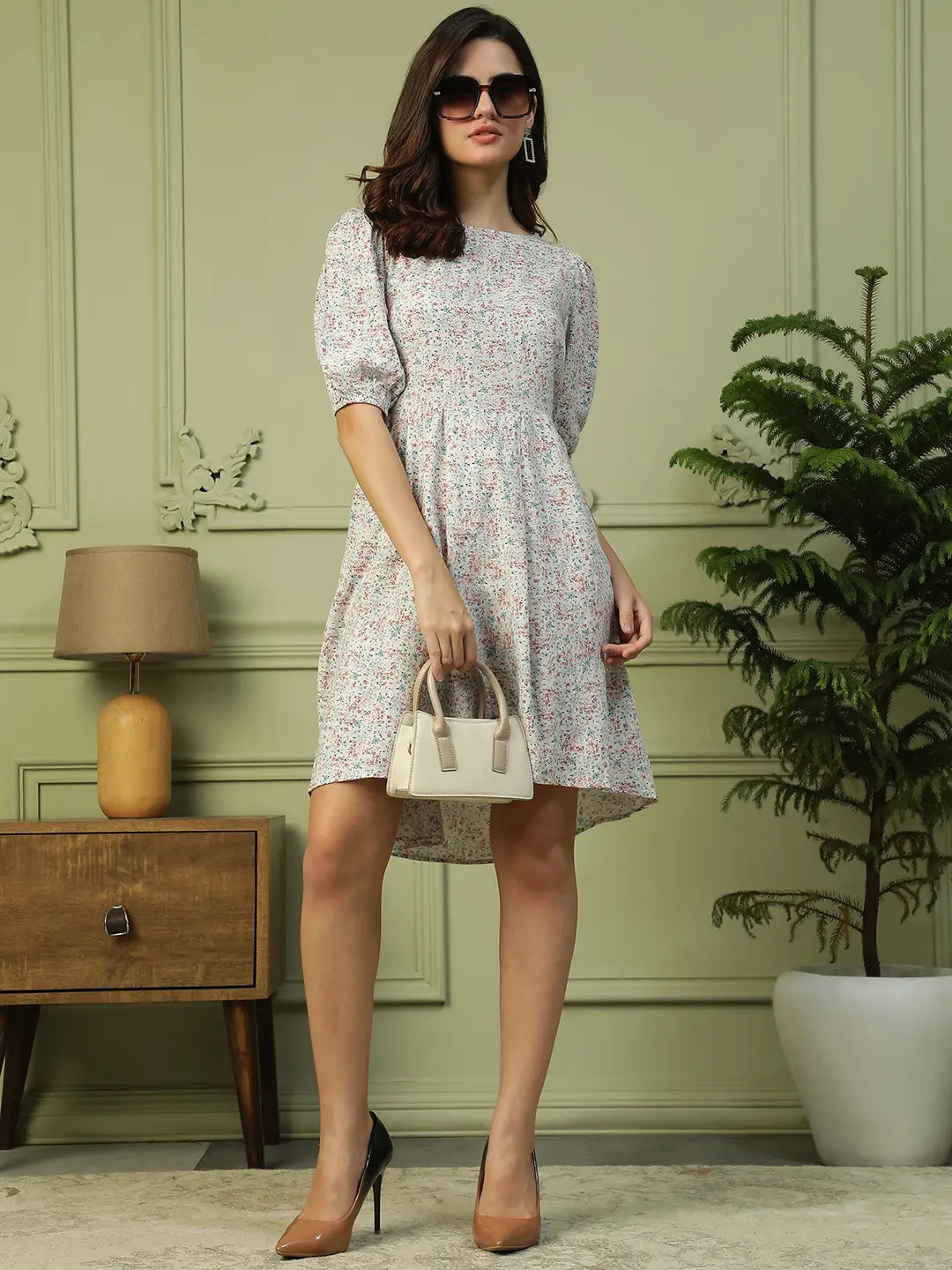 White Floral Print Cotton Dress