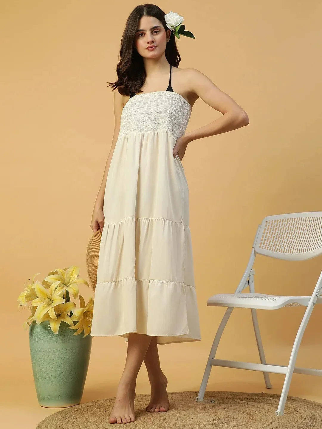Drape White Smocked Off Shoulder Women Beachwear Cotton Dress - oxolloxo