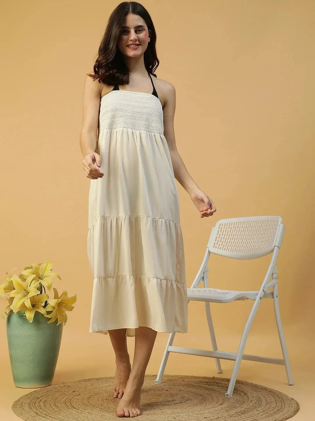 Drape White Smocked Off Shoulder Women Beachwear Cotton Dress - oxolloxo