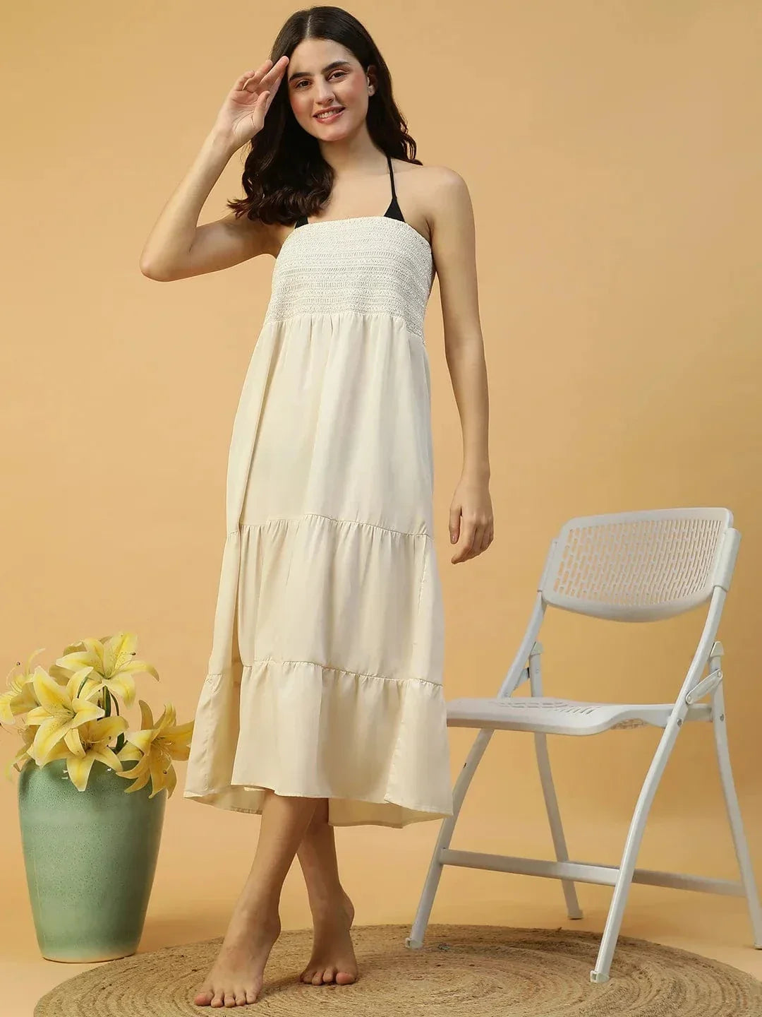Drape White Smocked Off Shoulder Women Beachwear Cotton Dress - oxolloxo