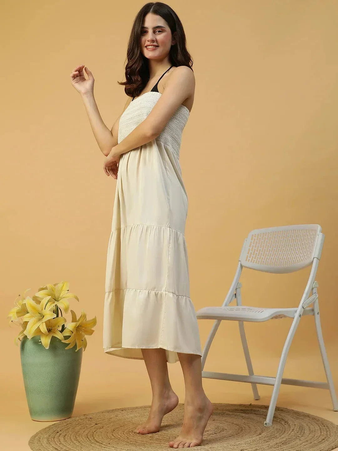 Drape White Smocked Off Shoulder Women Beachwear Cotton Dress - oxolloxo