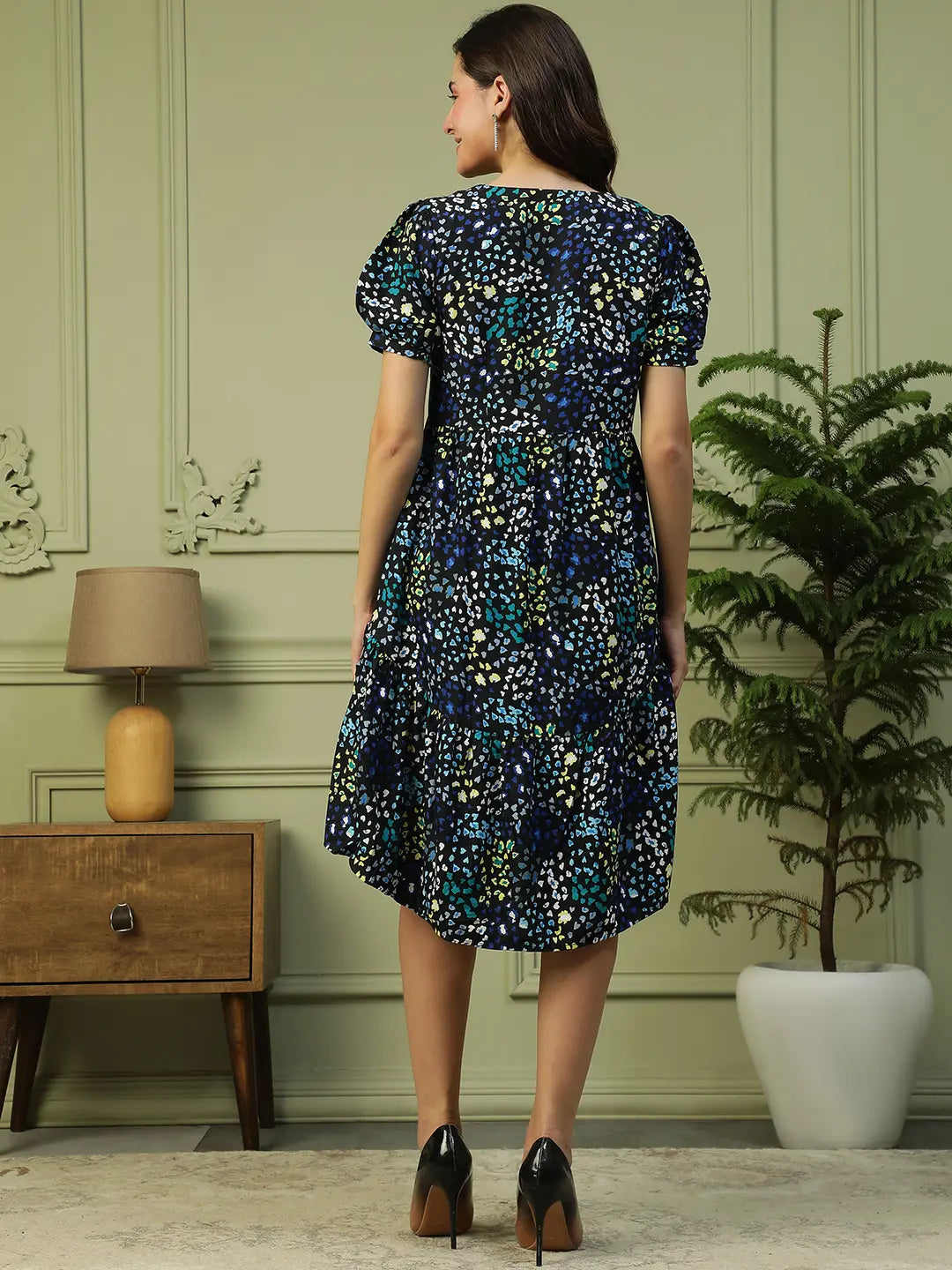 Blue Floral Print Cotton Dress