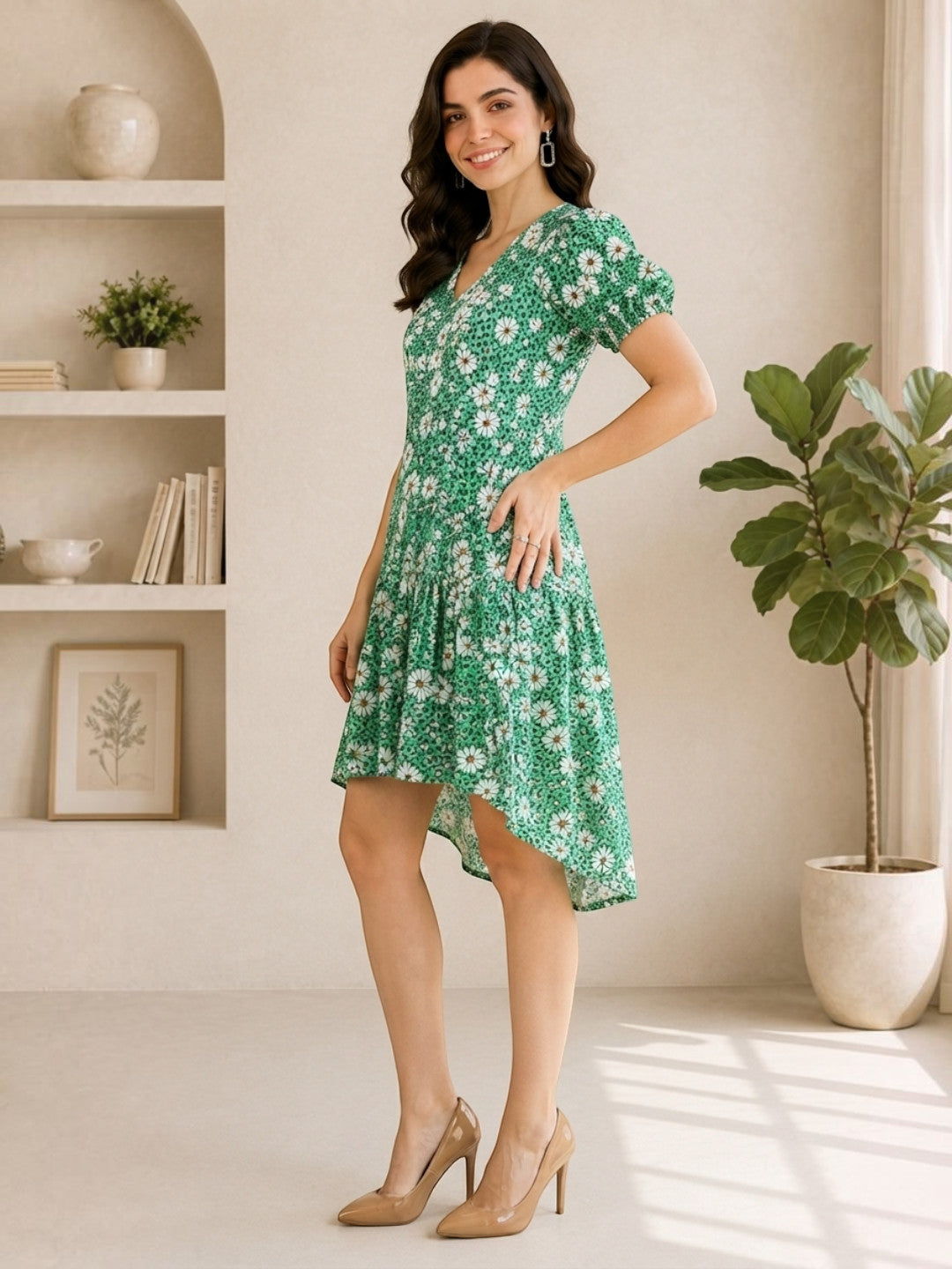 green floral dress high low