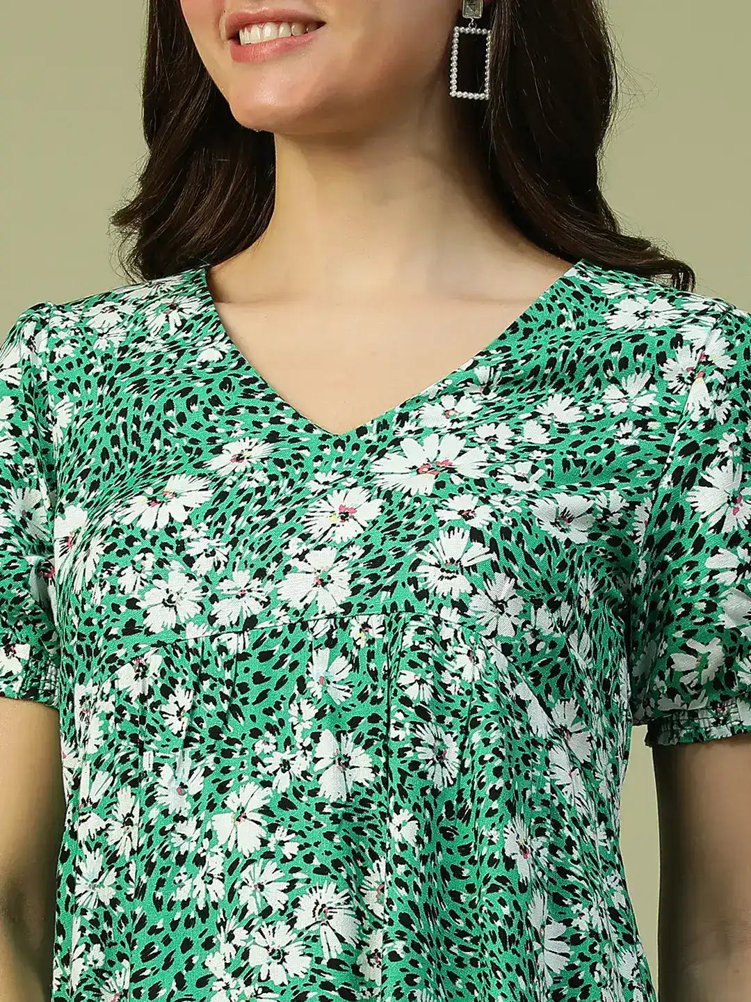 Green Floral Print Cotton Dress