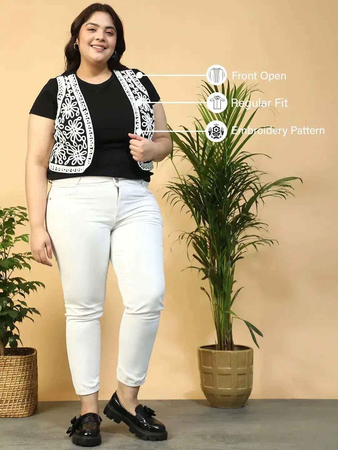 Royal Black Embroidered Sleeveless Jodhpuri Style Plus Size Women Cotton Shrug - oxolloxo