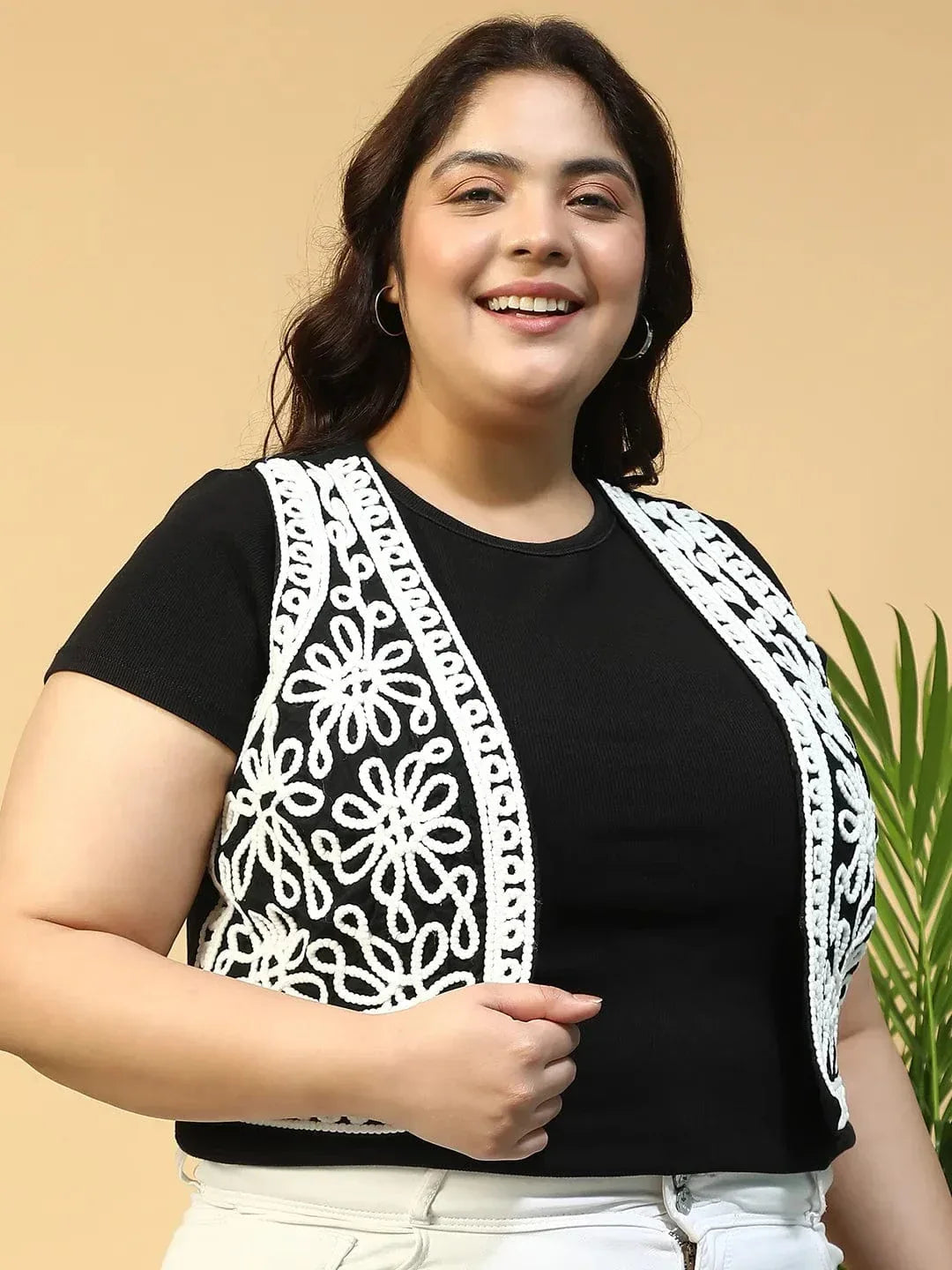 Royal Black Embroidered Sleeveless Jodhpuri Style Plus Size Women Cotton Shrug - oxolloxo