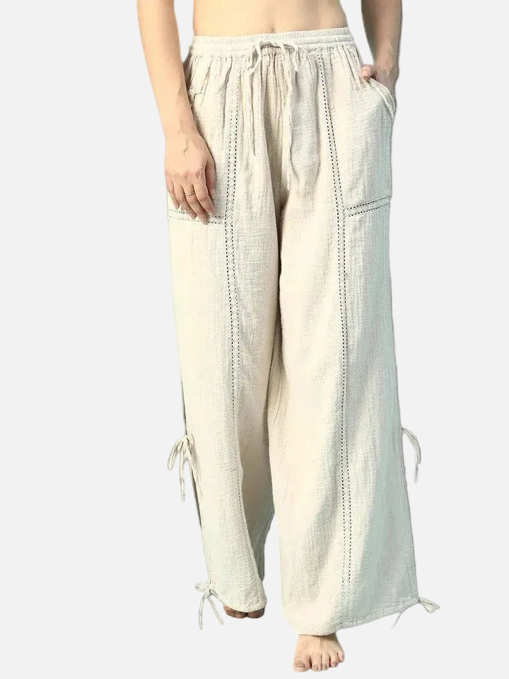 women beige cotton elastic waist with tie up beachwear pant