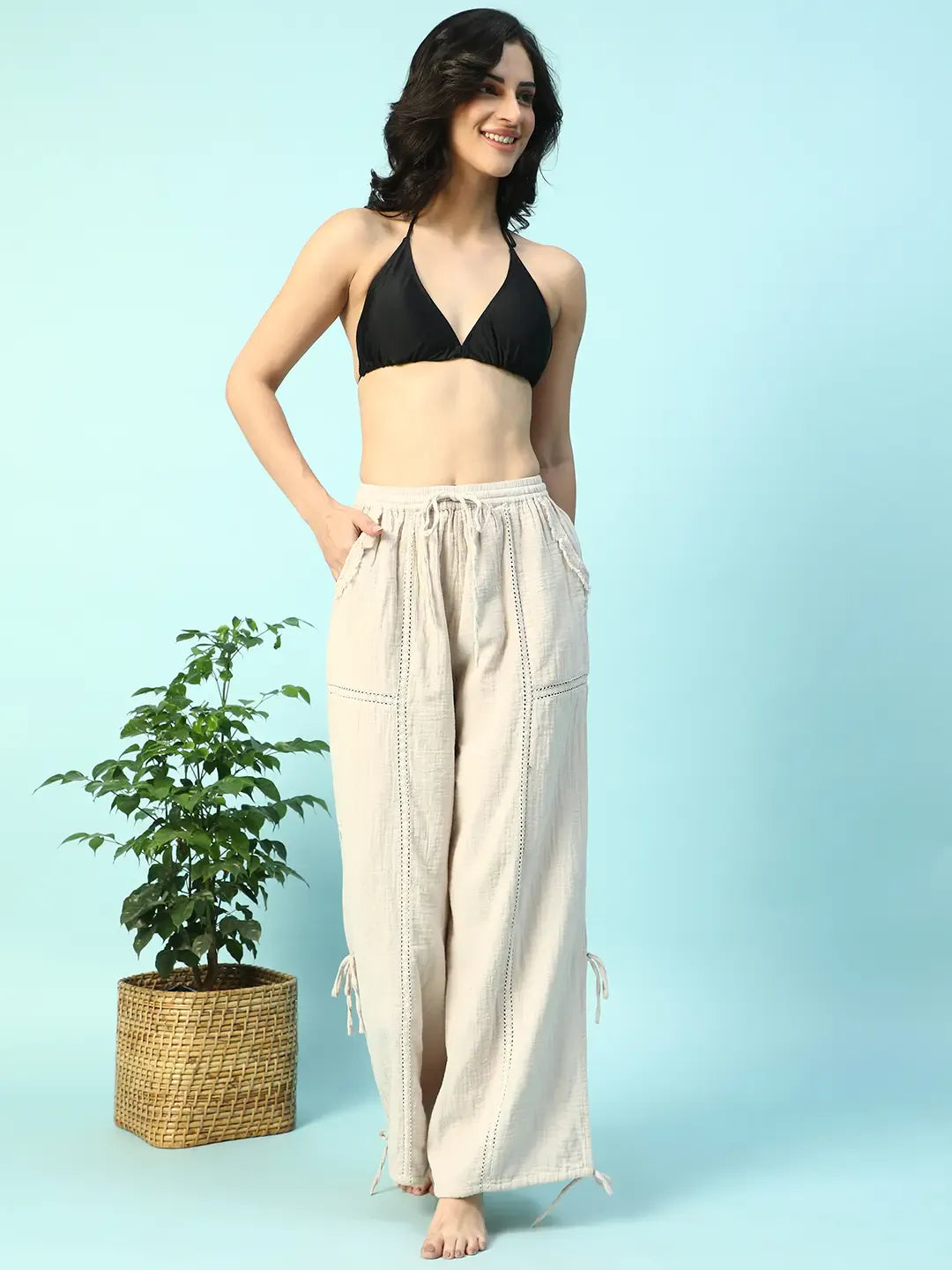 women beige cotton elastic waist with tie up beachwear pant