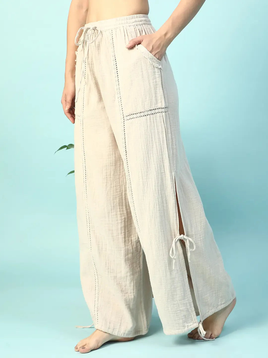 women beige cotton elastic waist with tie up beachwear pant