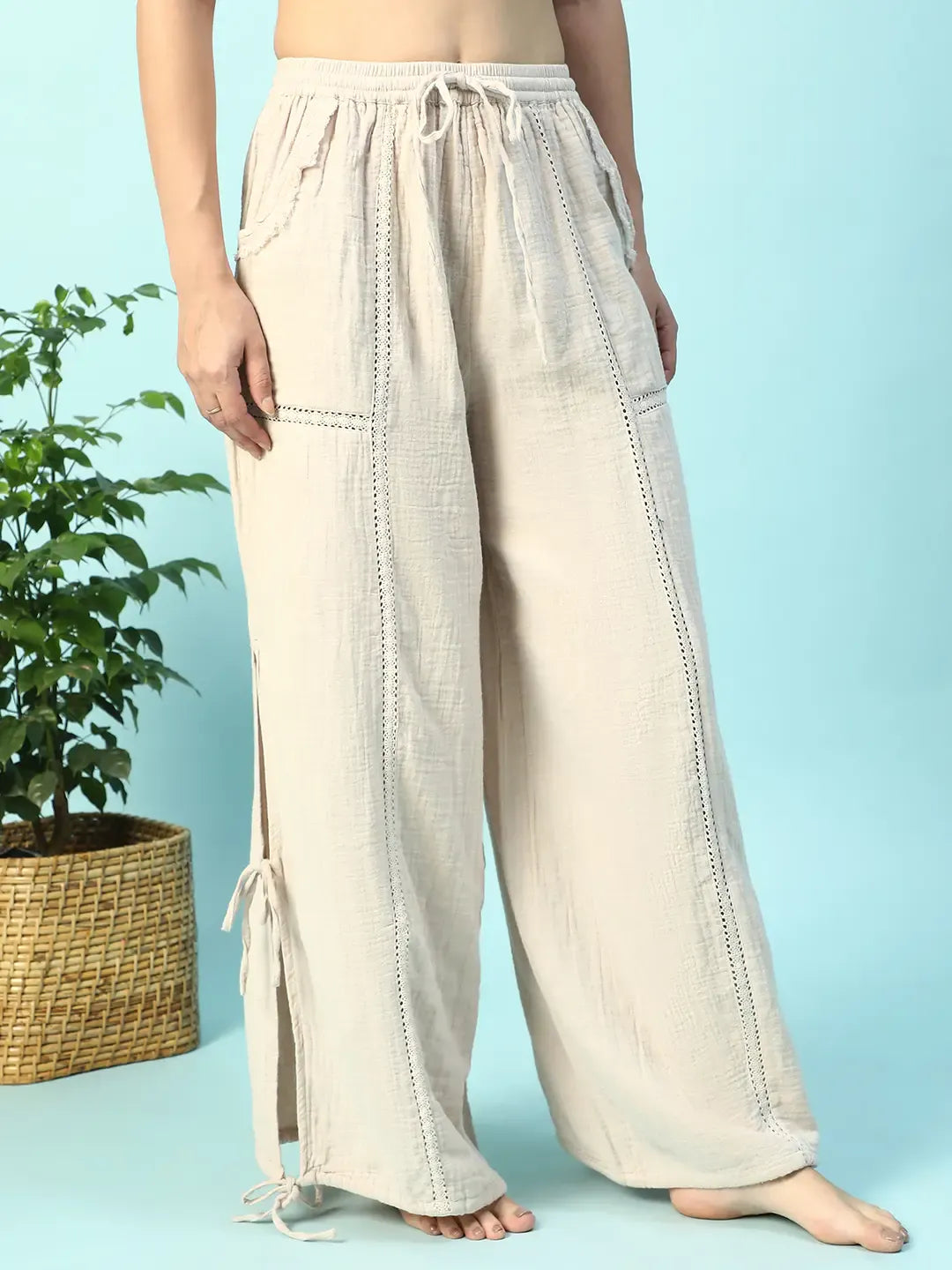 women beige cotton elastic waist with tie up beachwear pant
