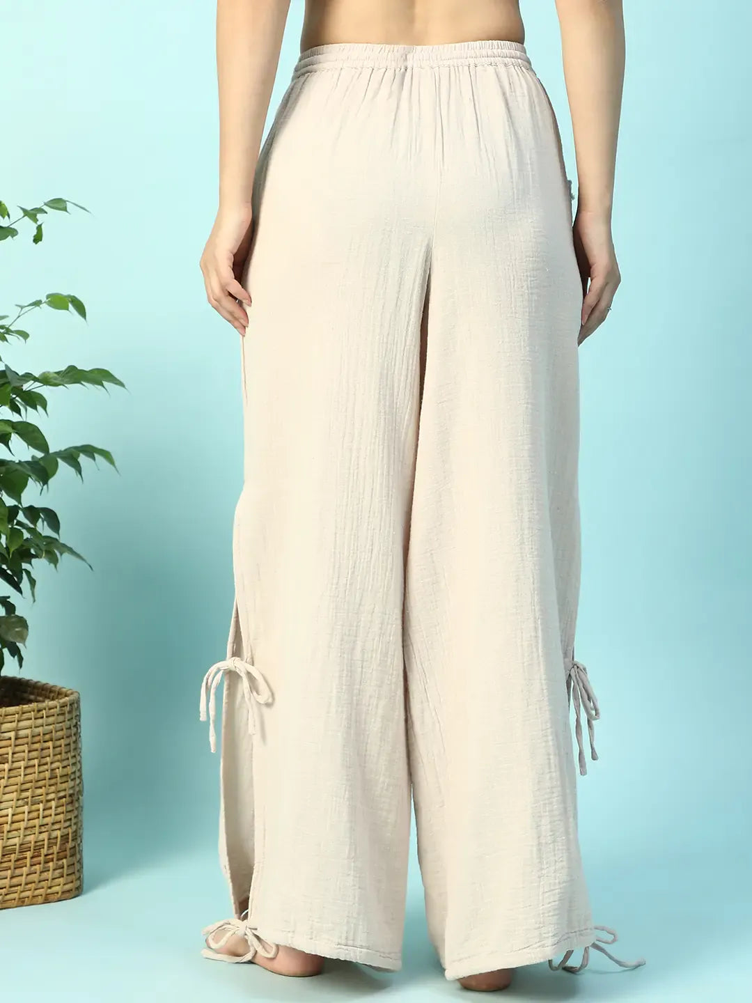 women beige cotton elastic waist with tie up beachwear pant