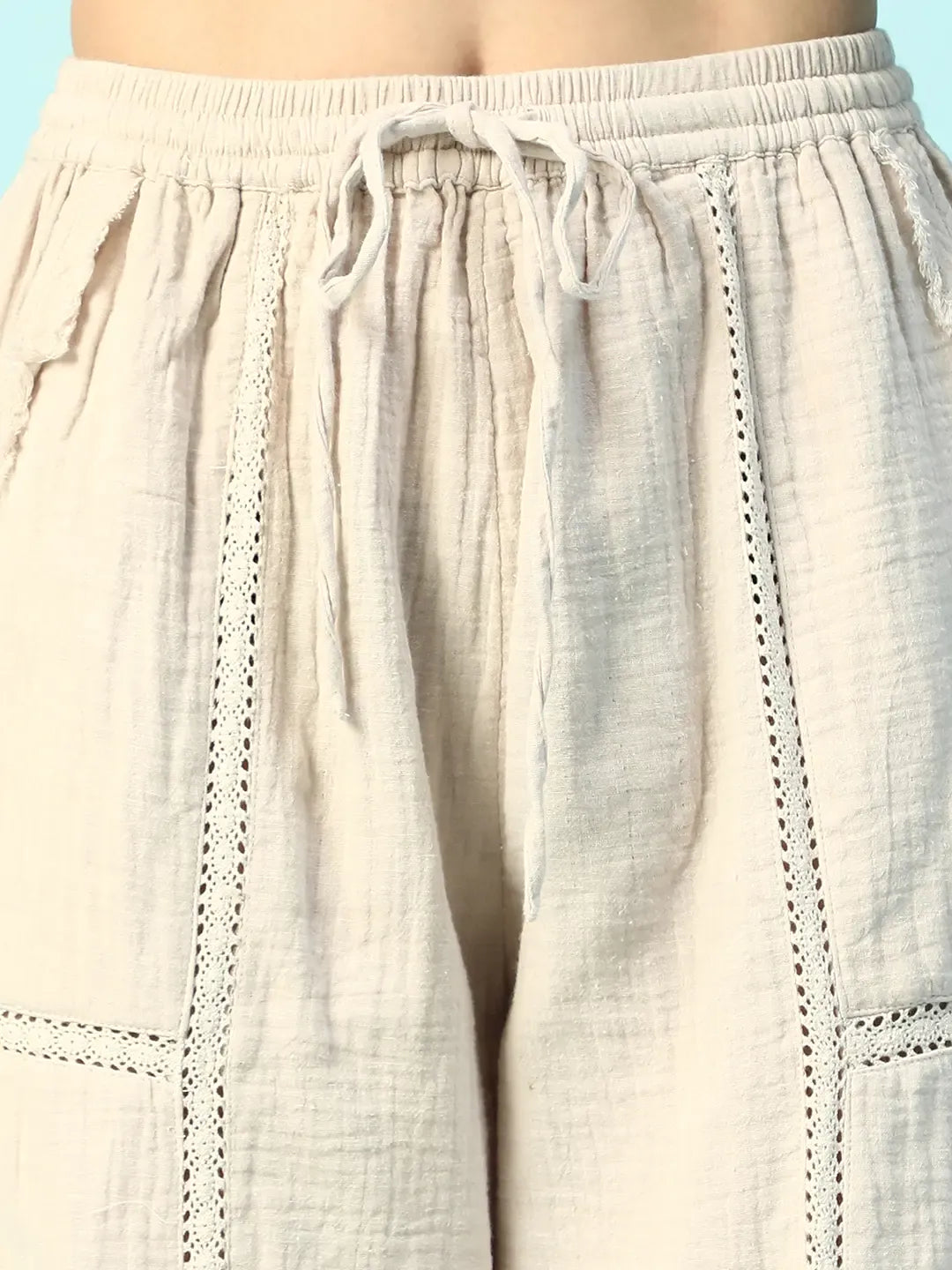 women beige cotton elastic waist with tie up beachwear pant