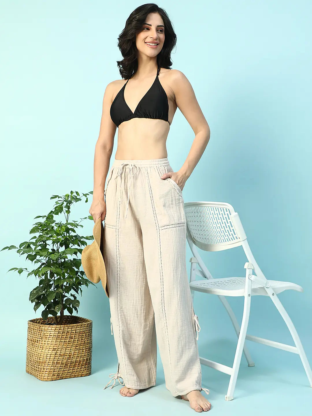 women beige cotton elastic waist with tie up beachwear pant