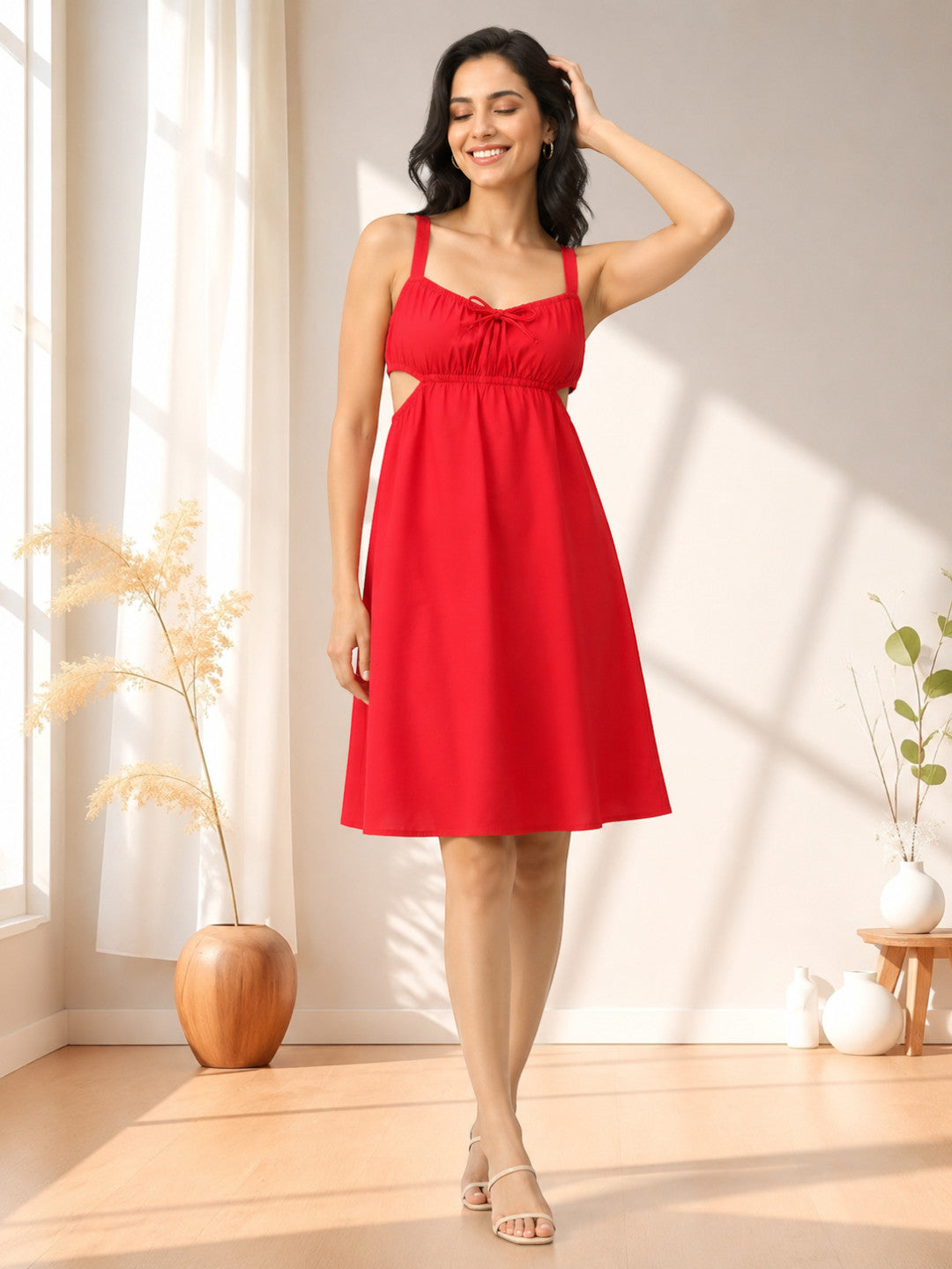 Red sleeveless summer dress with bow detail, perfect for casual outings or beachwear.