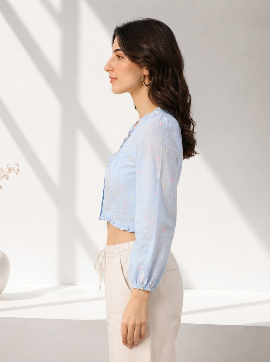 Women Blue Cotton Crop Top Oxolloxo