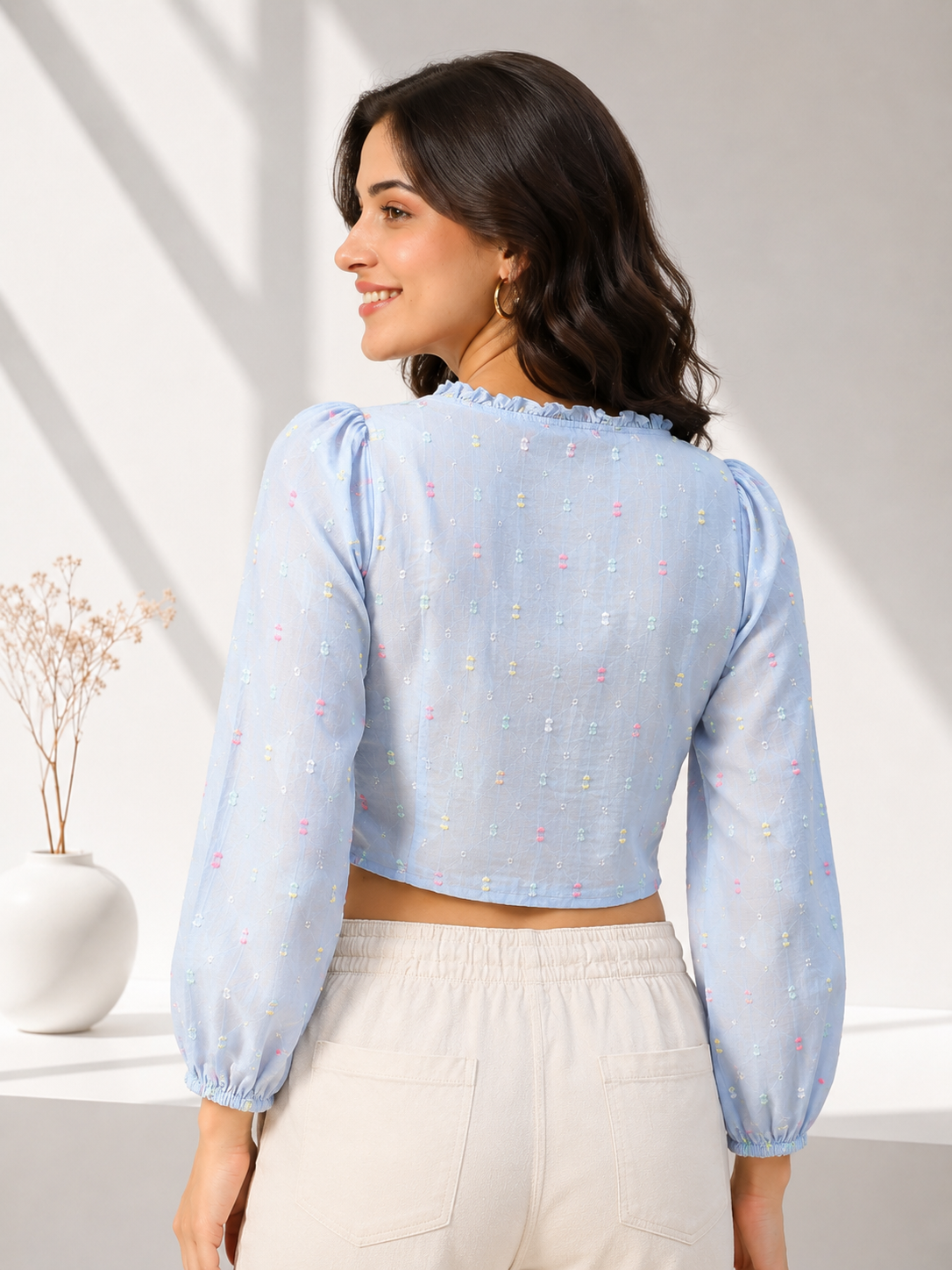 Women Blue Cotton Crop Top Oxolloxo