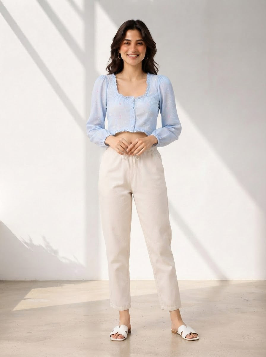 Women Blue Cotton Crop Top Oxolloxo