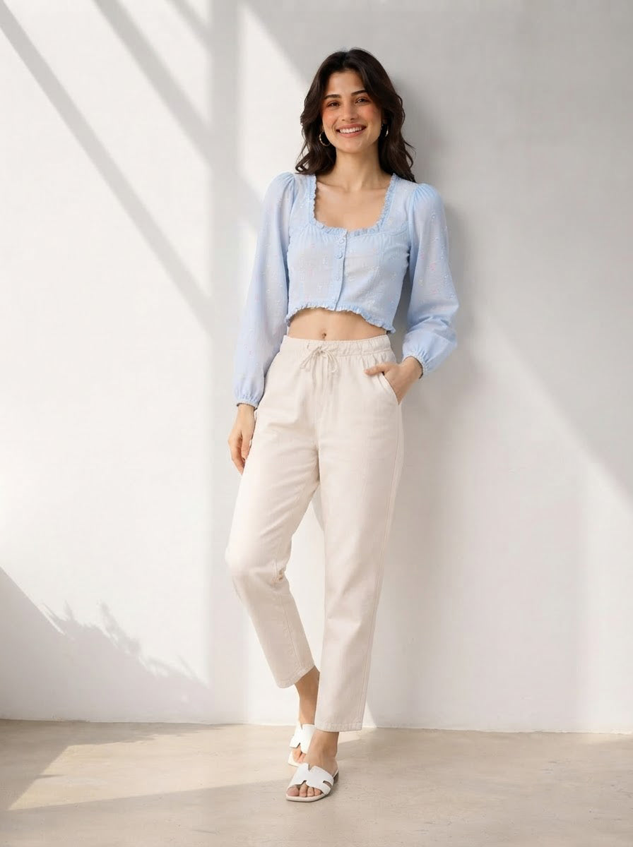 Women Blue Cotton Crop Top Oxolloxo