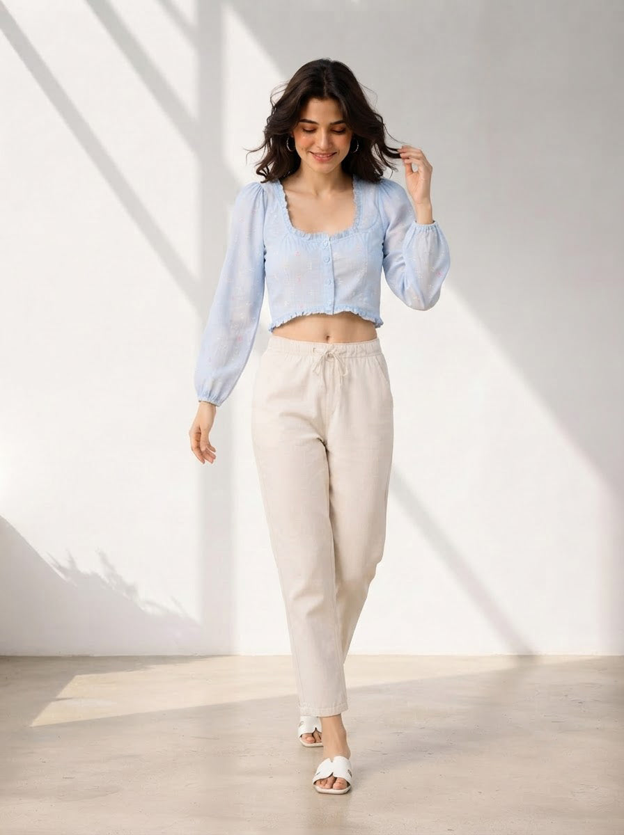 Women Blue Cotton Crop Top Oxolloxo