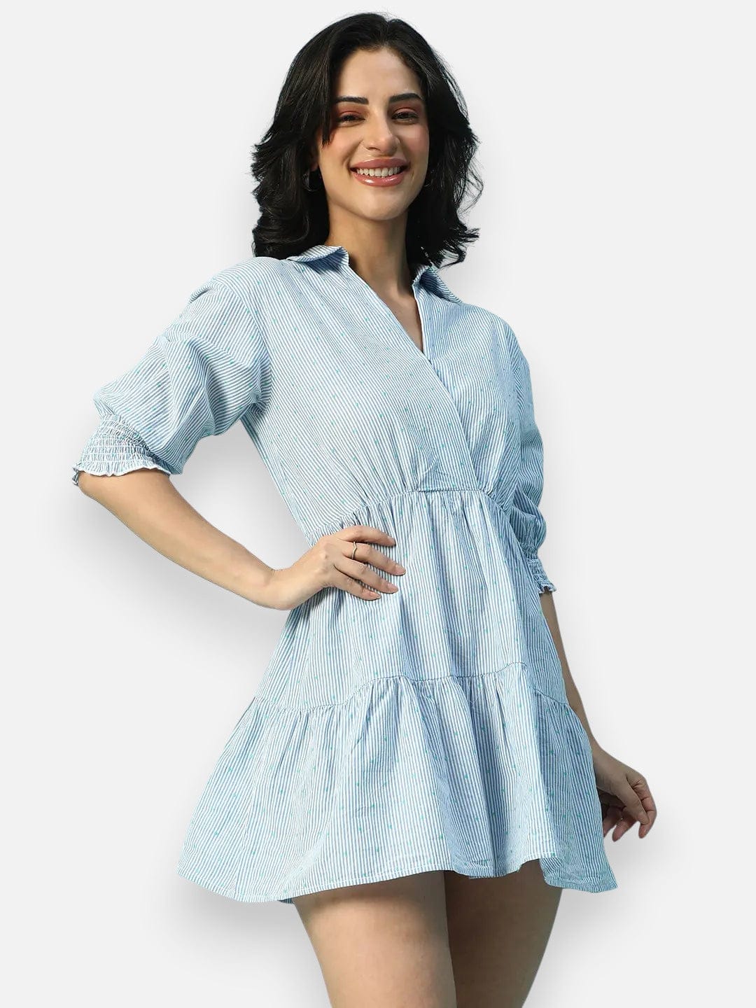 Blue Stripe Print Cotton Dress