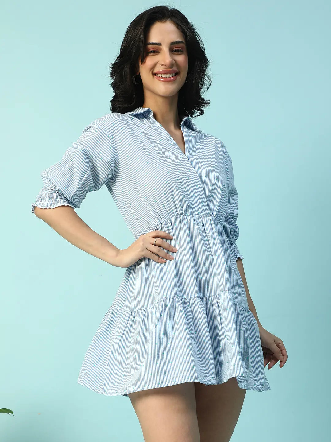 Blue Stripe Print Cotton Dress