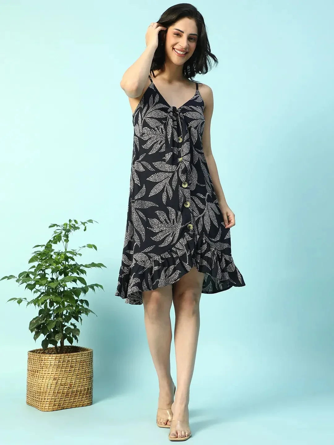 Black Tropical Print Tie-Up & Ruffle Detail Sleeveless Button Down Women Dress - oxolloxo