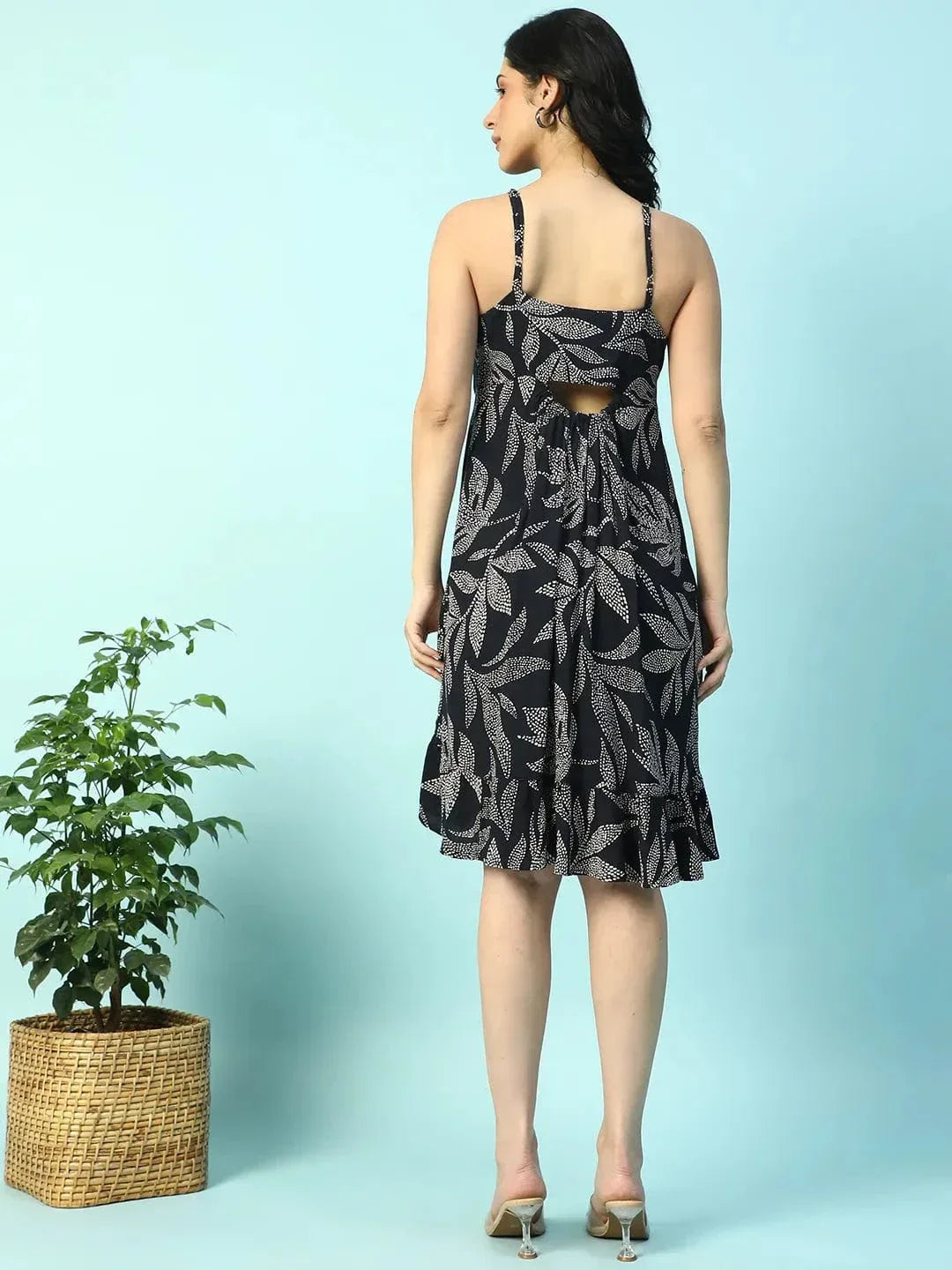 Black Tropical Print Tie-Up & Ruffle Detail Sleeveless Button Down Women Dress - oxolloxo