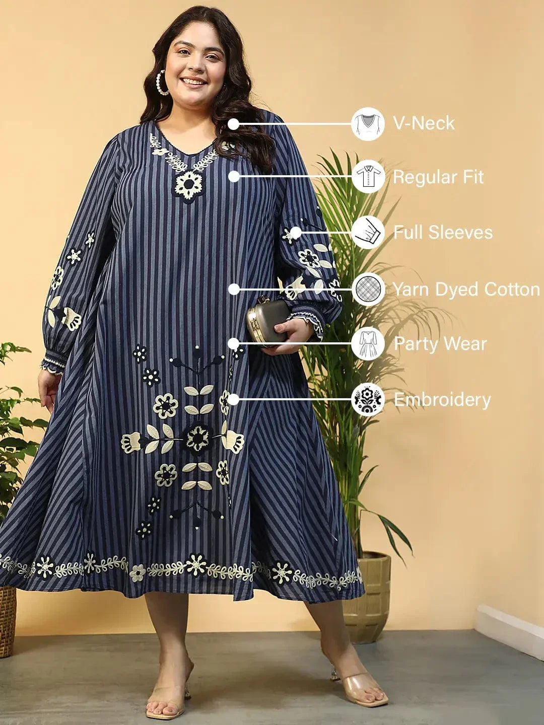 Navy Blue Embroidered V-Neck Long Sleeve Yarn Dyed Cotton Plus Size Maxi Dress - oxolloxo
