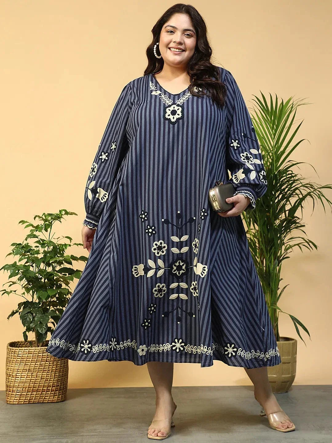 Navy Blue Embroidered V-Neck Long Sleeve Yarn Dyed Cotton Plus Size Maxi Dress - oxolloxo