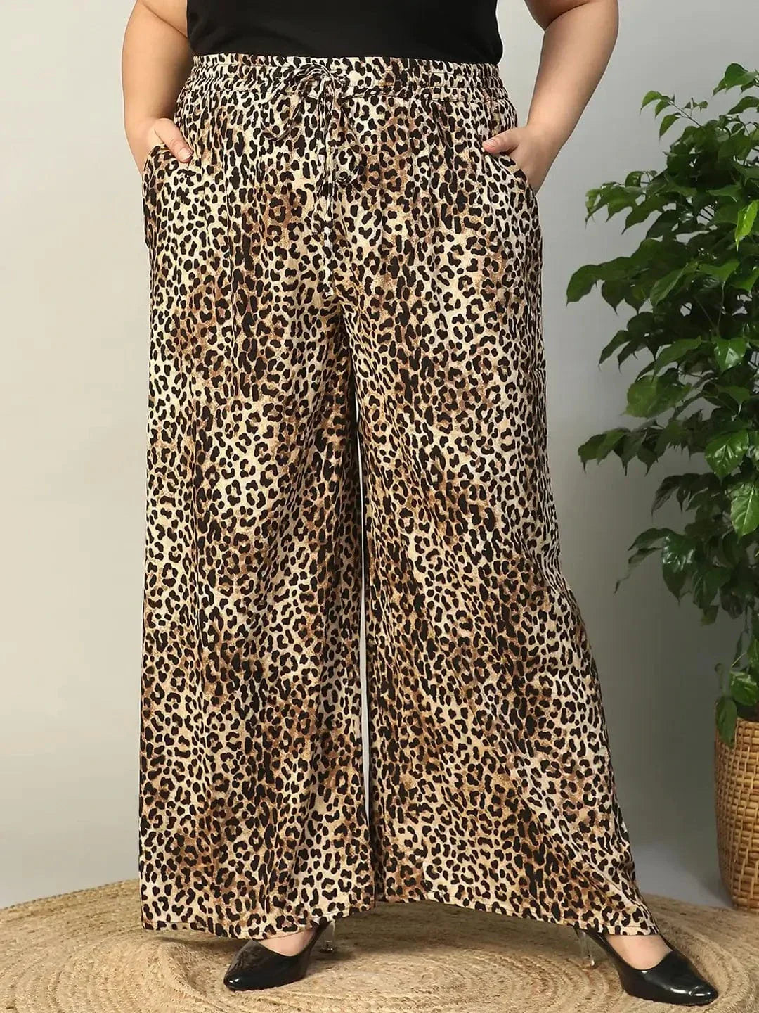 Multicolor Animal Print Elasticated With Tie-Up Detail Plus Size Women Flare Pant - oxolloxo