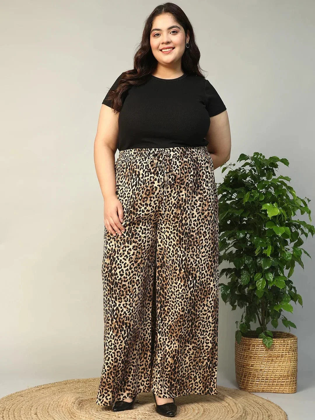 Multicolor Animal Print Elasticated With Tie-Up Detail Plus Size Women Flare Pant - oxolloxo