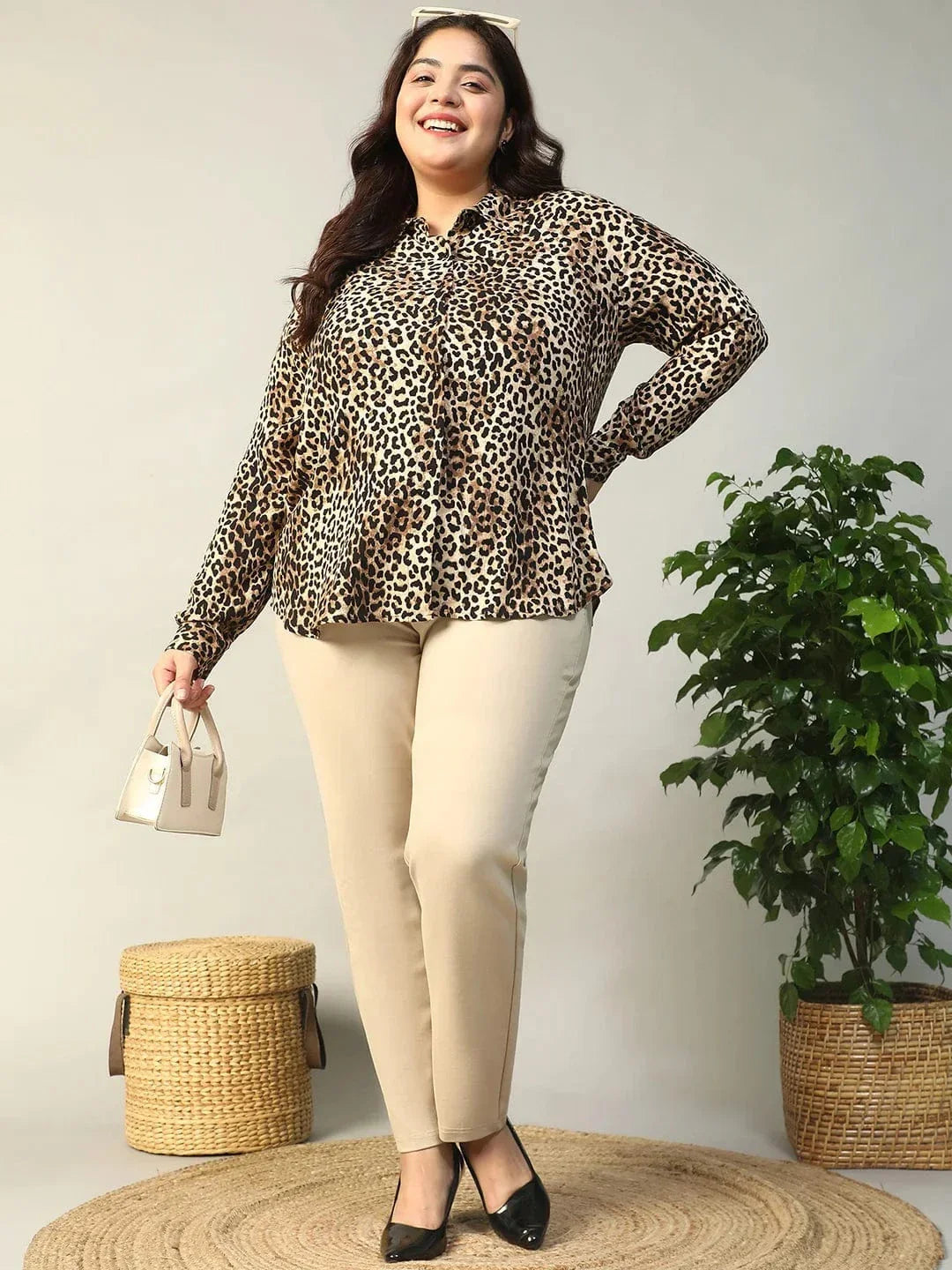 multicolor-animal-print-collared-long-sleeve-plus-size-women-shirt