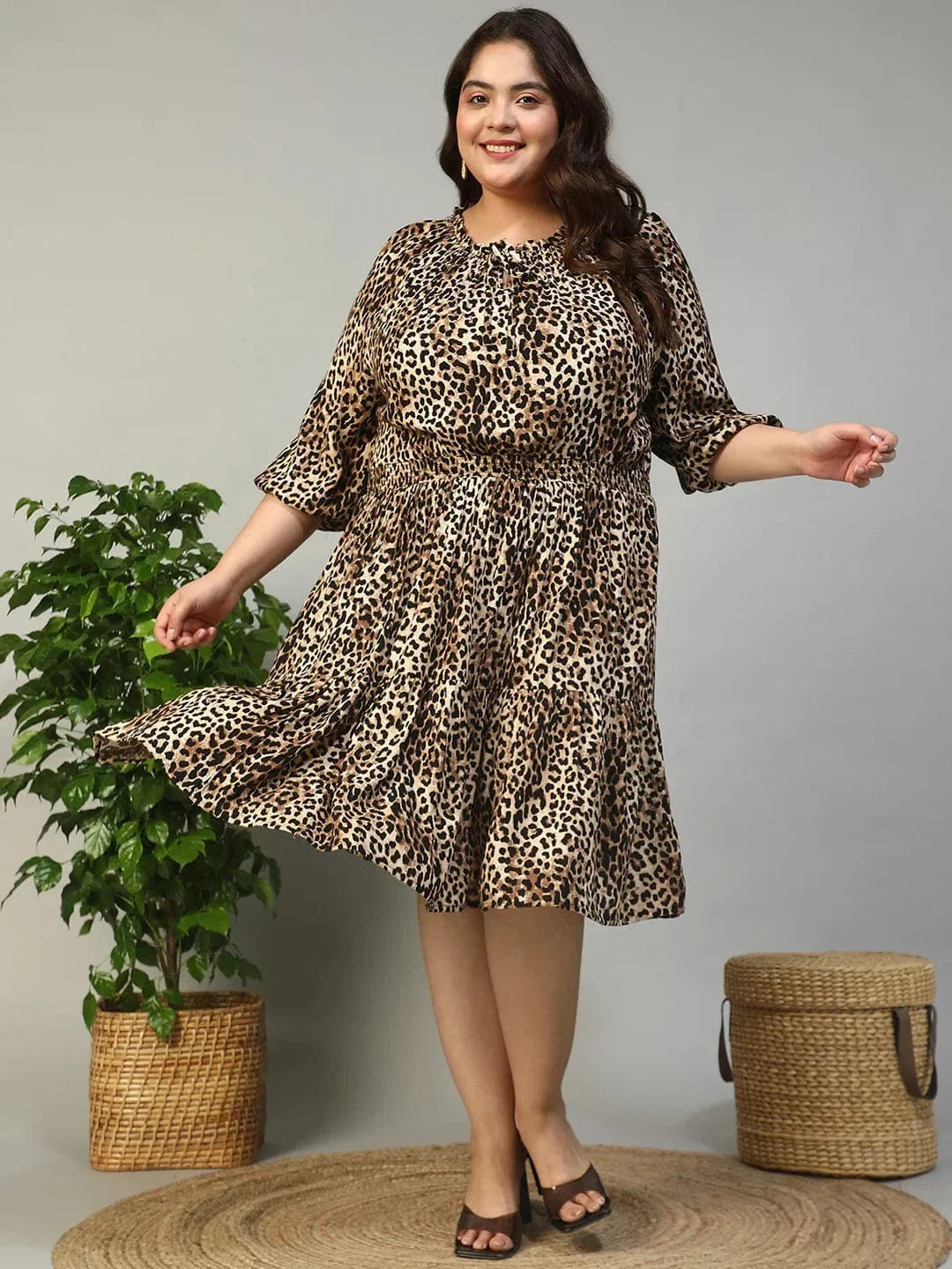 Multicolor Animal Print Tie-Up Detail Elasticated 3/4 Length Sleeve Plus Size Women Dress - oxolloxo