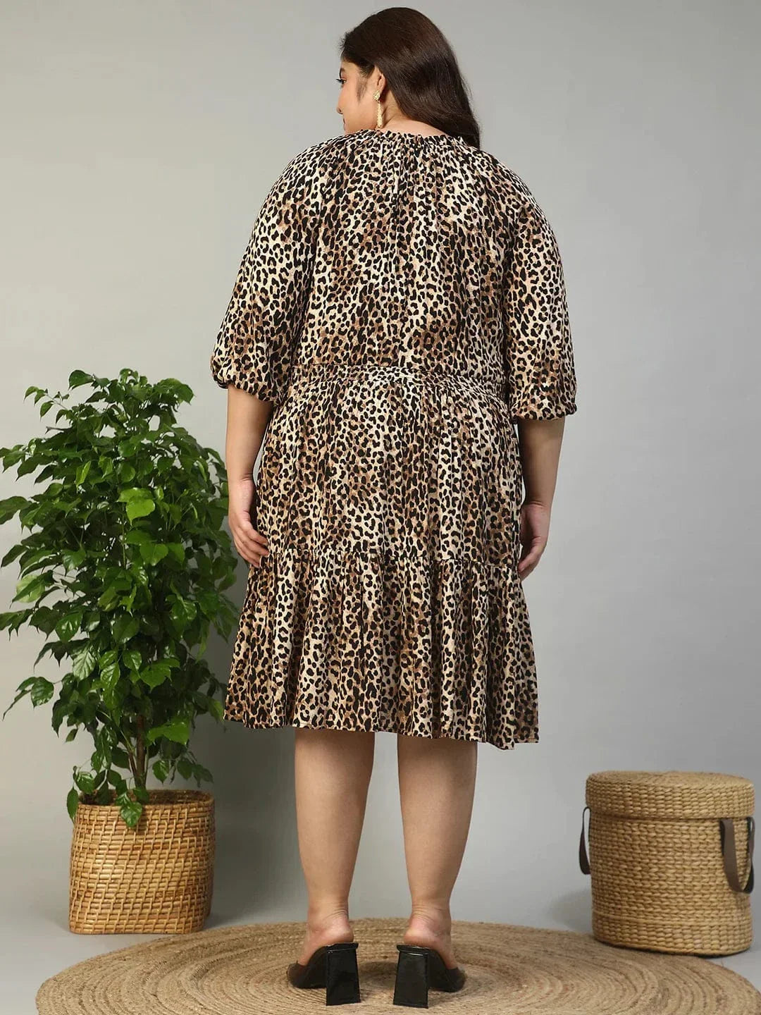 Multicolor Animal Print Tie-Up Detail Elasticated 3/4 Length Sleeve Plus Size Women Dress - oxolloxo