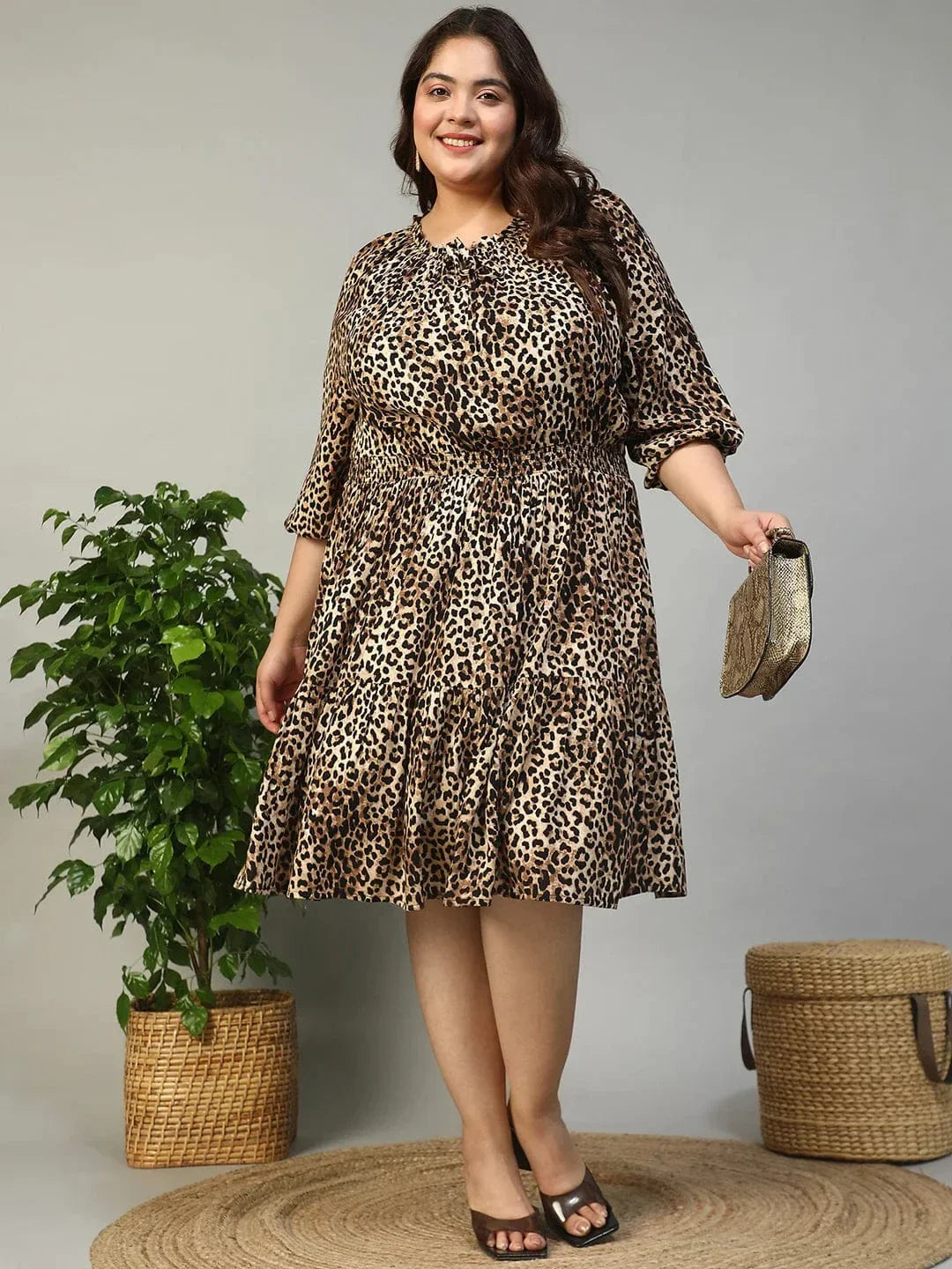 Multicolor Animal Print Tie-Up Detail Elasticated 3/4 Length Sleeve Plus Size Women Dress - oxolloxo