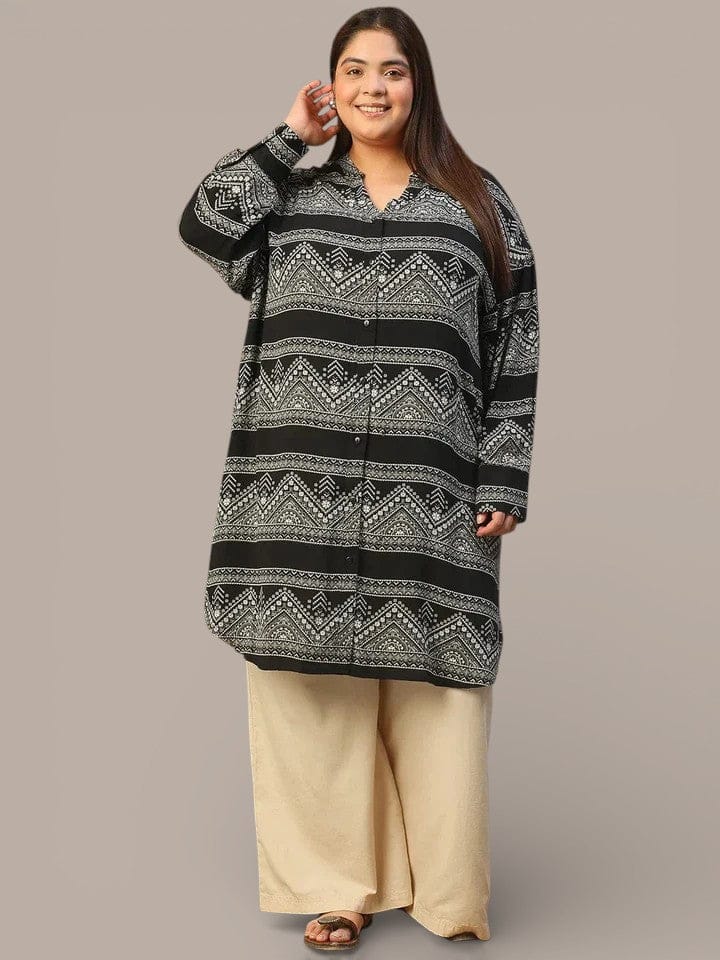 Plus size black abstract print rayon crepe tunic with V-neck