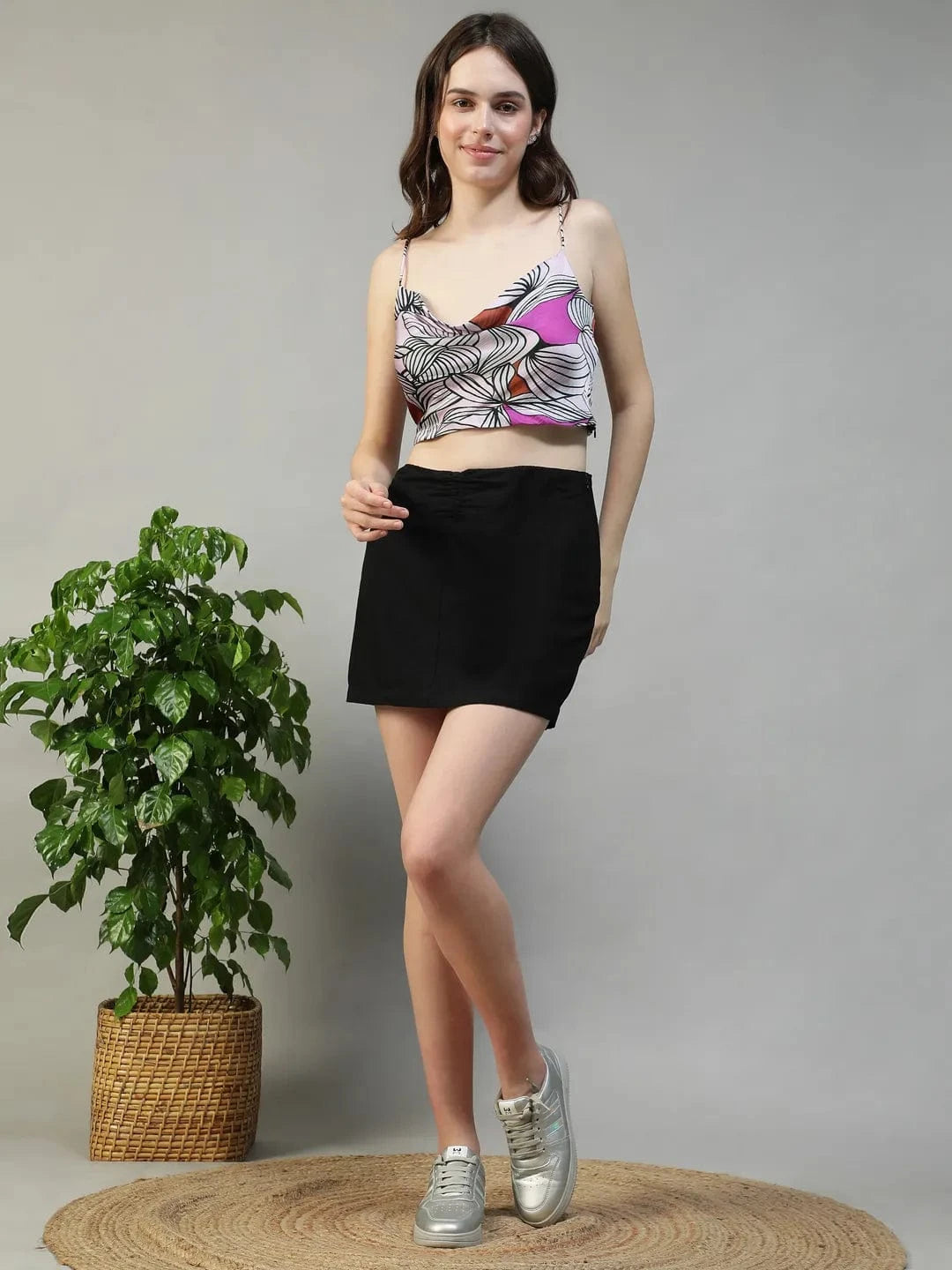 Purple Floral Print Shoulder Strap Crop Top