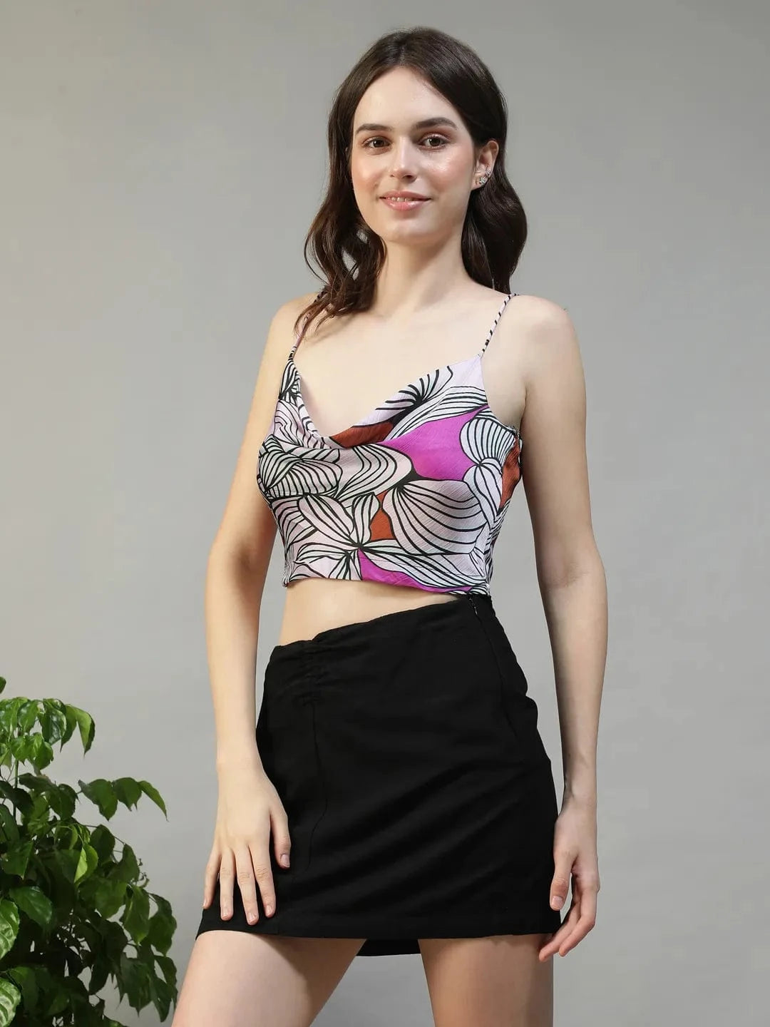 Purple Floral Print Shoulder Strap Crop Top