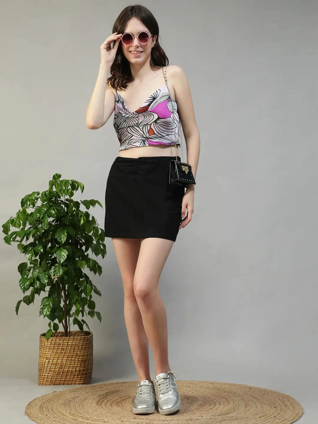 Purple Floral Print Shoulder Strap Crop Top