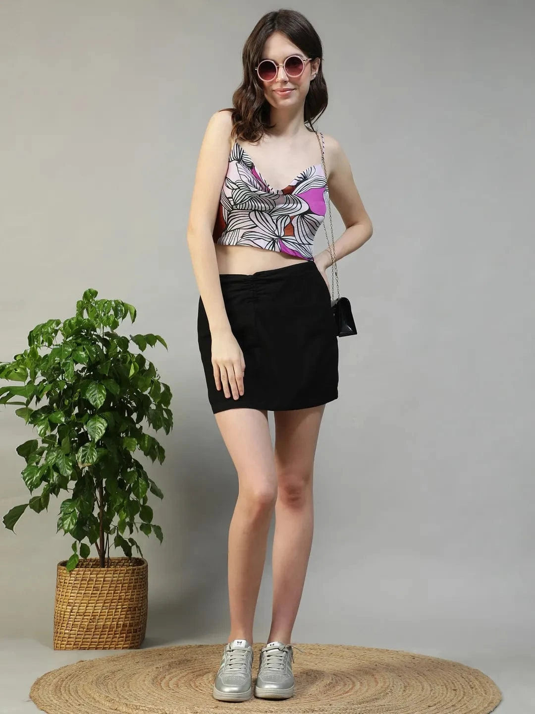 Purple Floral Print Shoulder Strap Crop Top