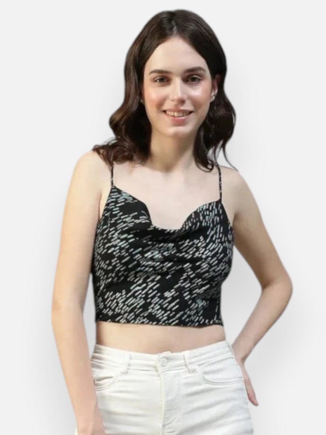 Black Foil Print Shoulder Strap Crop Top