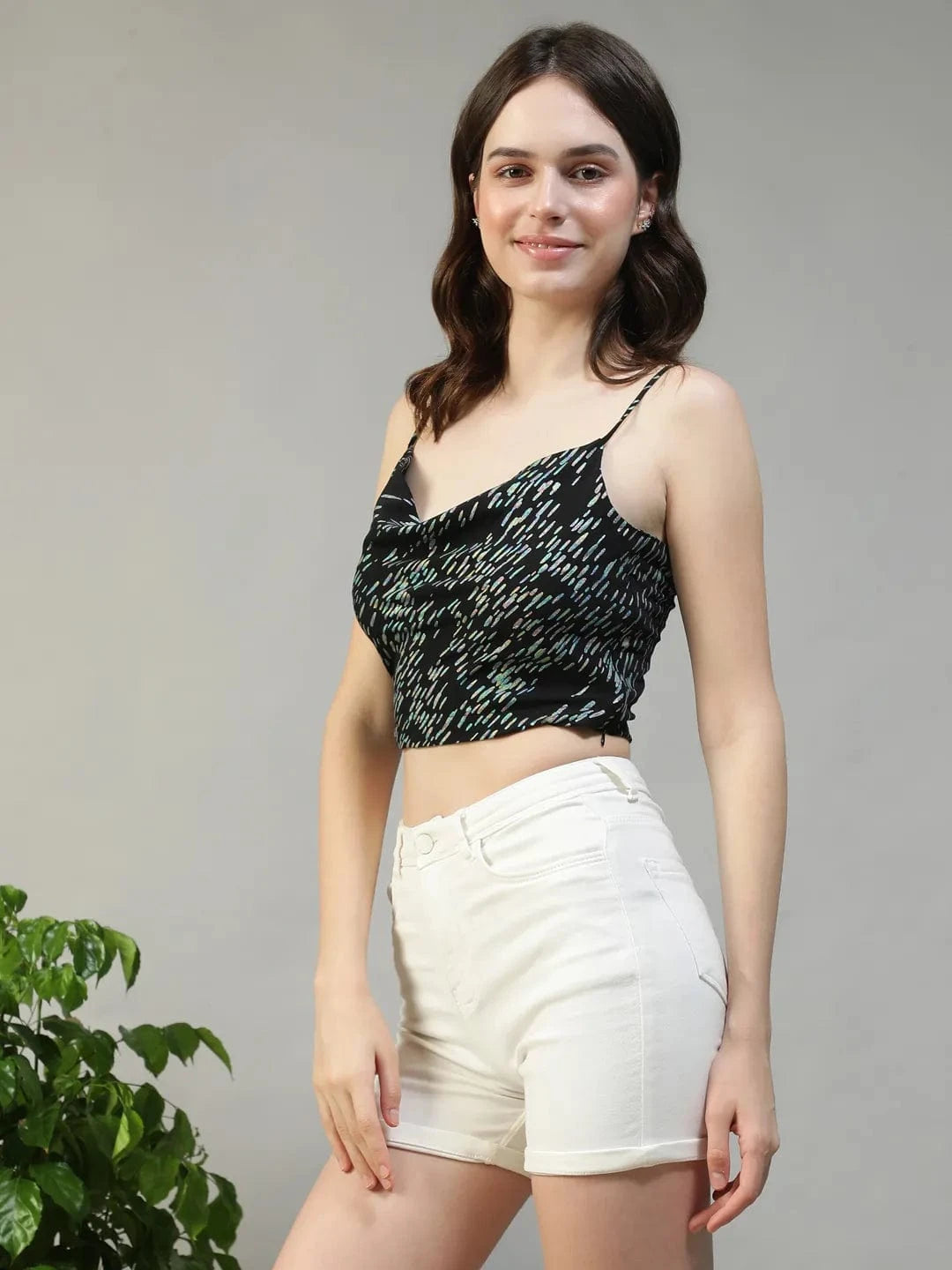 Black Foil Print Shoulder Strap Crop Top
