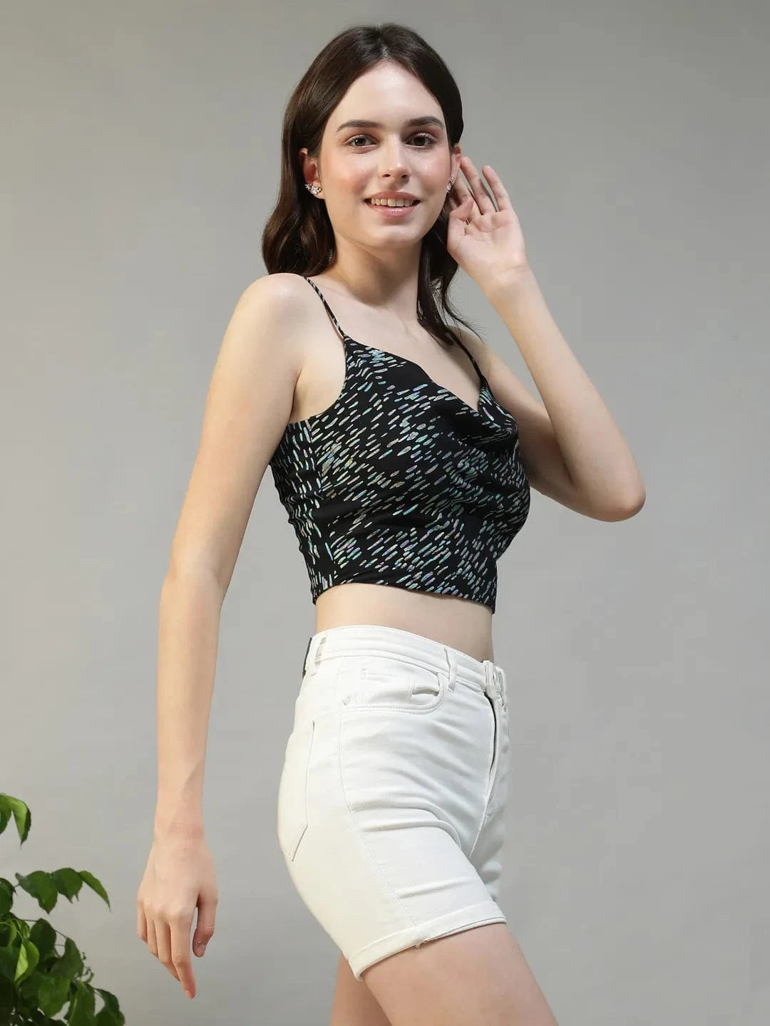Black Foil Print Shoulder Strap Crop Top